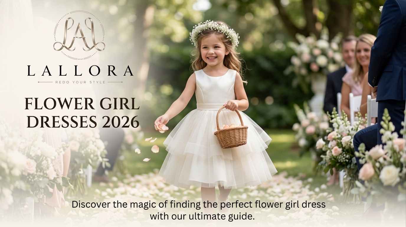 Flower Girl Dress Guide, Styles, Colors and Sizing 2026 featuring a little girl in a sleeveless white tulle dress and flower crown