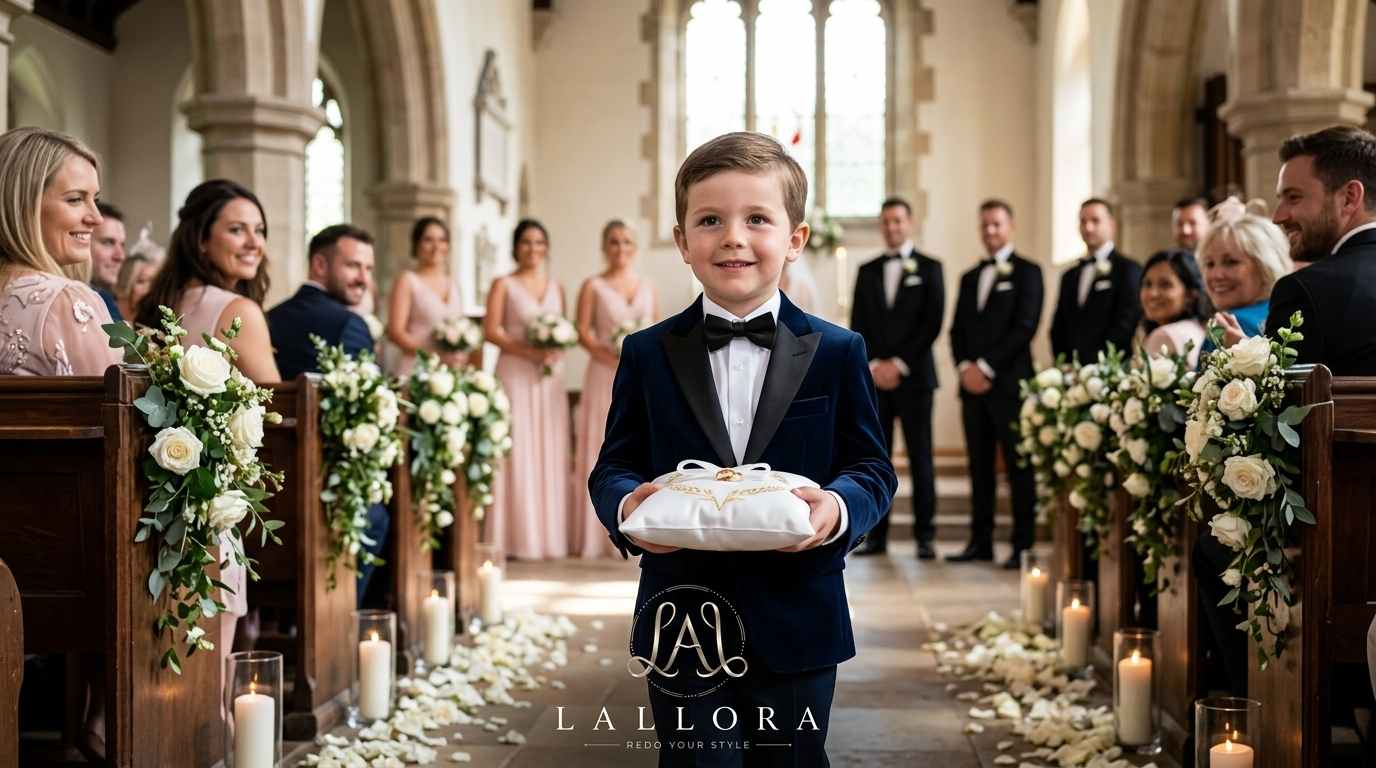 Ring Bearer Outfit Ideas for Weddings 2025: young boy in a navy velvet tuxedo with bow tie, carrying a ring pillow