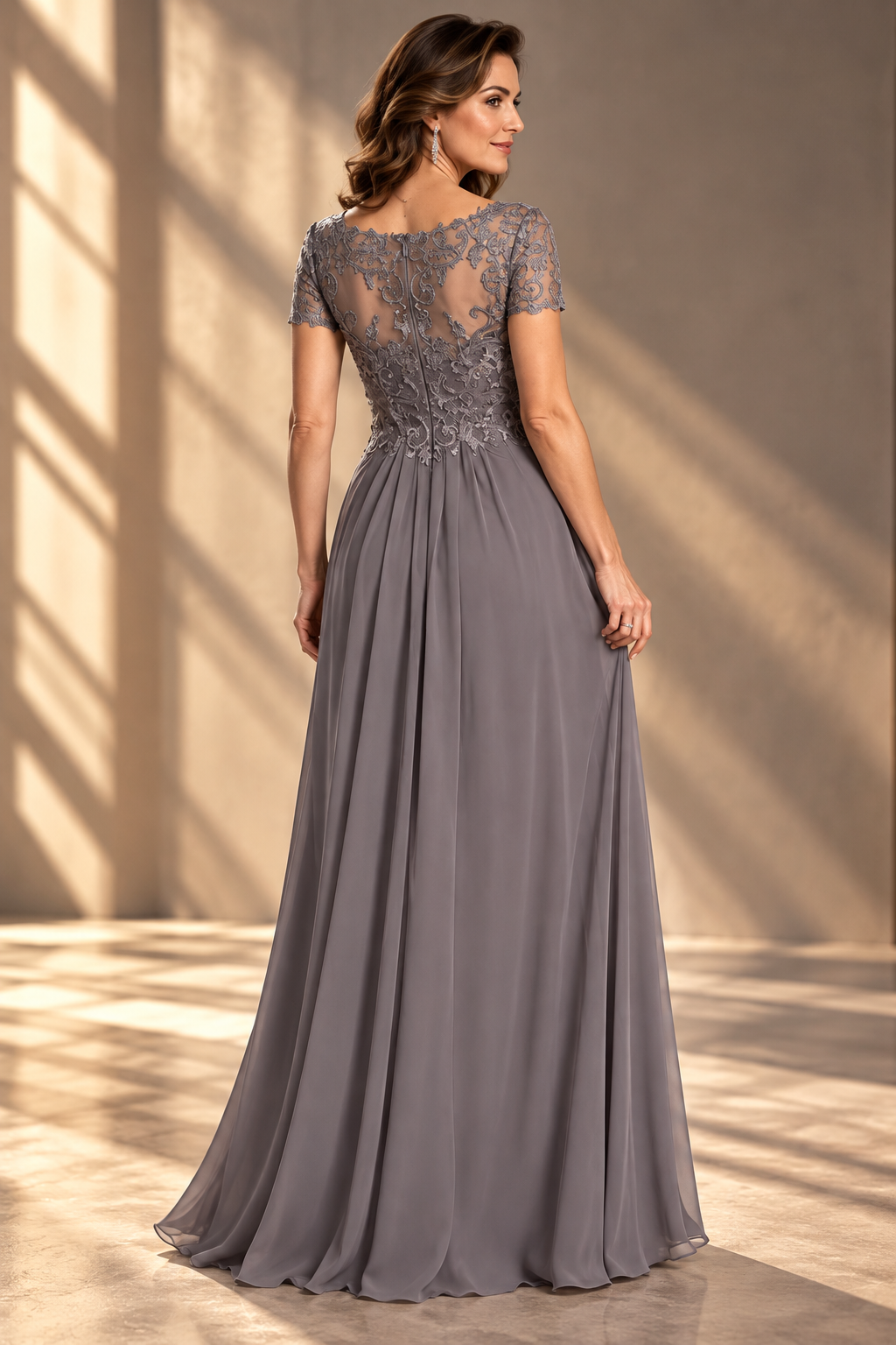 Lace & Chiffon Evening Gown — Short Sleeves & A-Line Silhouette