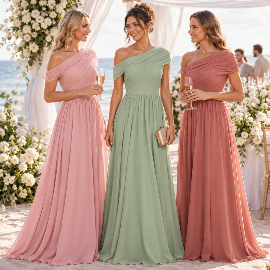 One-Shoulder Bridesmaid Dress — Pleated Bodice & Flowing Chiffon