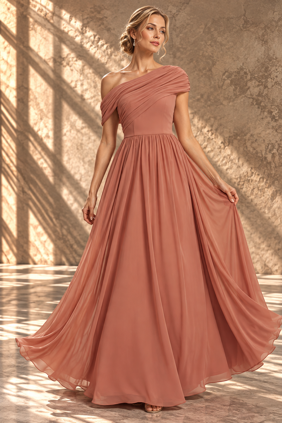 One-Shoulder Bridesmaid Dress — Pleated Bodice & Flowing Chiffon