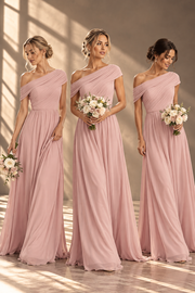 One-Shoulder Bridesmaid Dress — Pleated Bodice & Flowing Chiffon