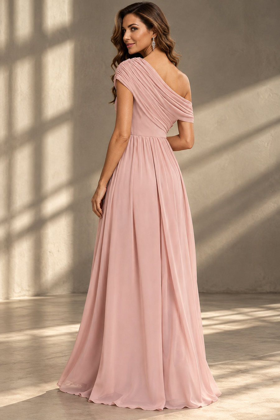 One-Shoulder Bridesmaid Dress — Pleated Bodice & Flowing Chiffon