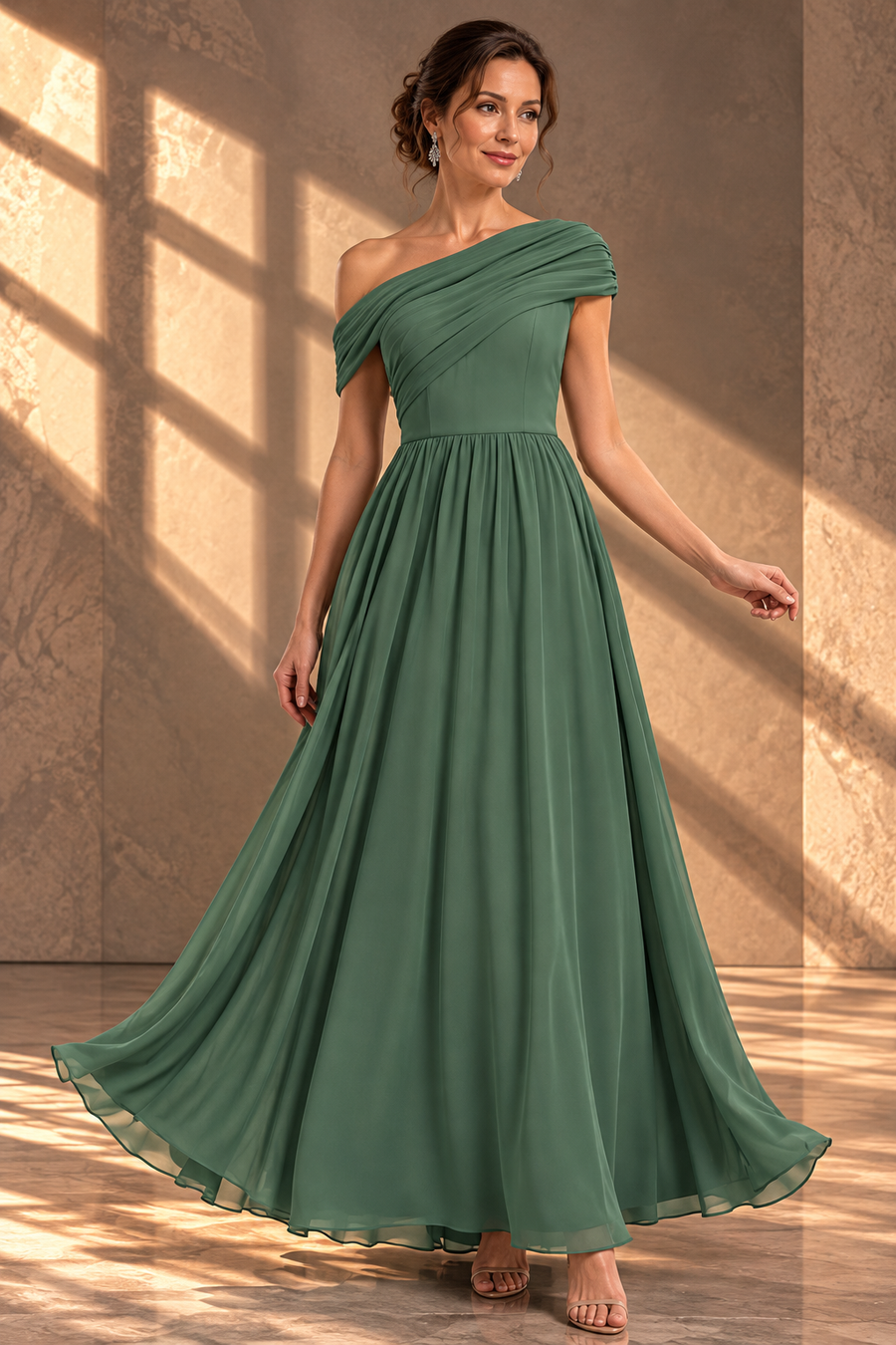 One-Shoulder Bridesmaid Dress — Pleated Bodice & Flowing Chiffon