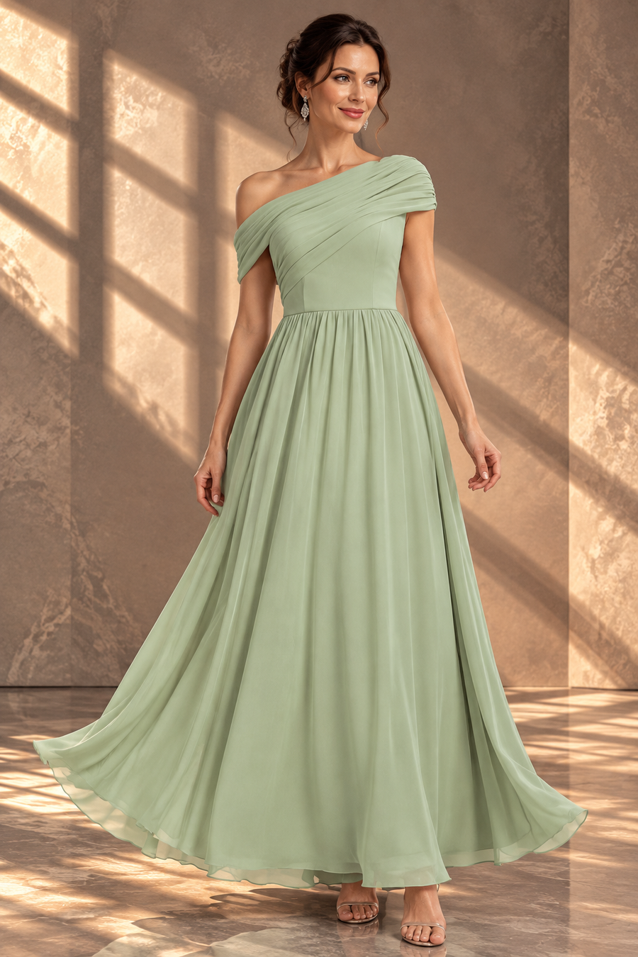 One-Shoulder Bridesmaid Dress — Pleated Bodice & Flowing Chiffon