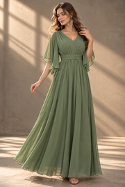 Plus Size Evening Gown — V-Neck & Draped Flutter Sleeves
