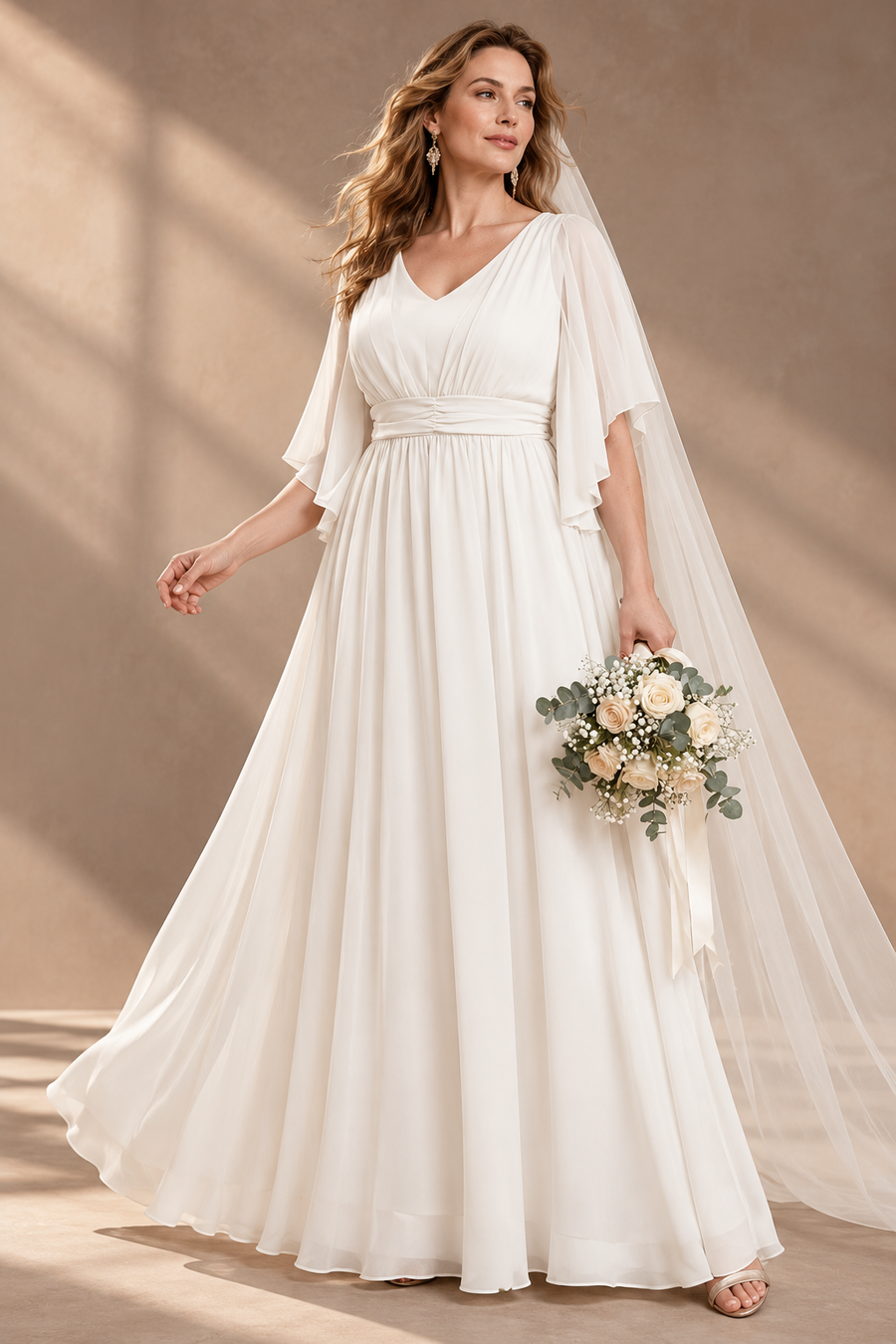 Plus Size Evening Gown — V-Neck & Draped Flutter Sleeves