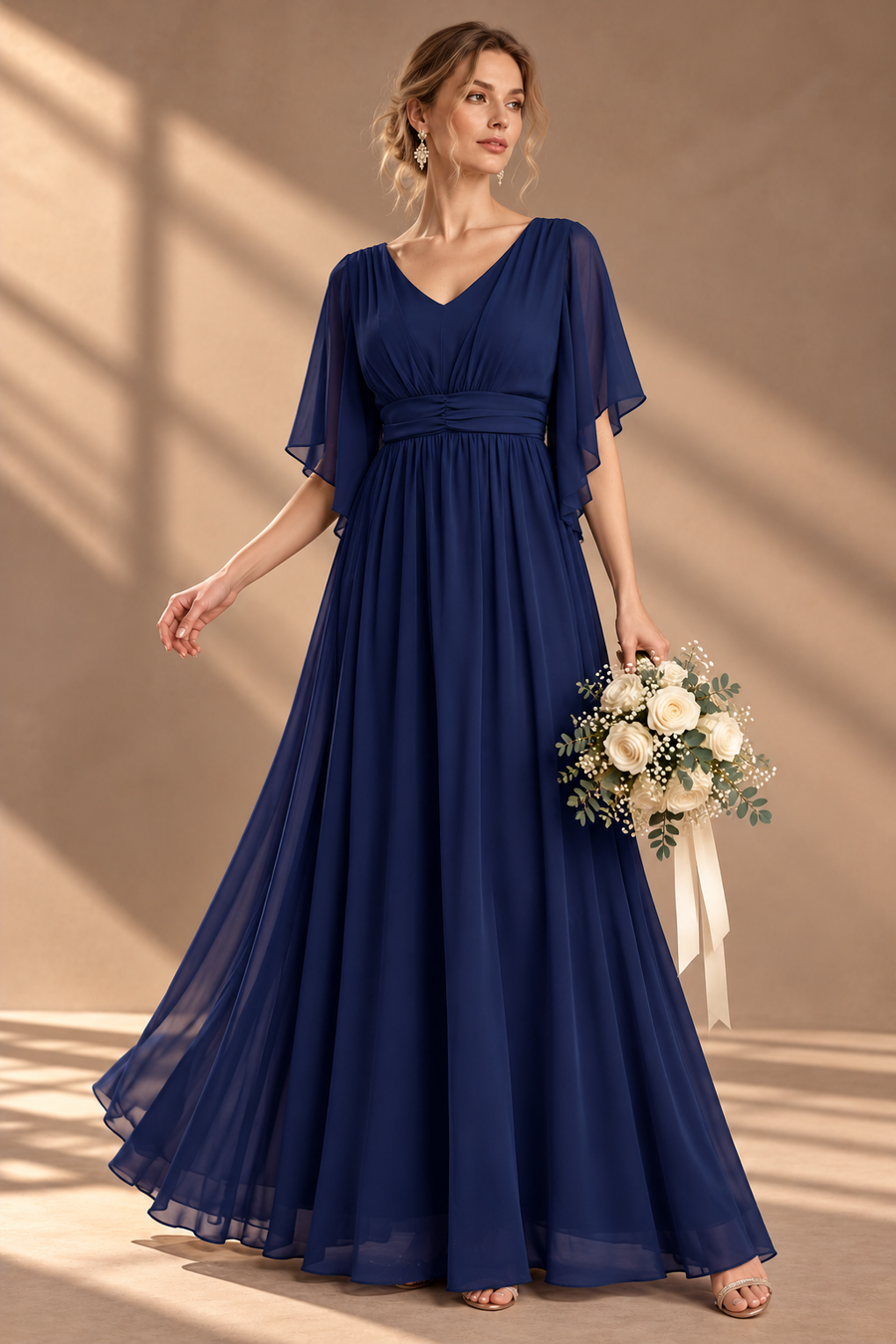 Plus Size Evening Gown — V-Neck & Draped Flutter Sleeves