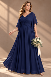 Plus Size Evening Gown — V-Neck & Draped Flutter Sleeves