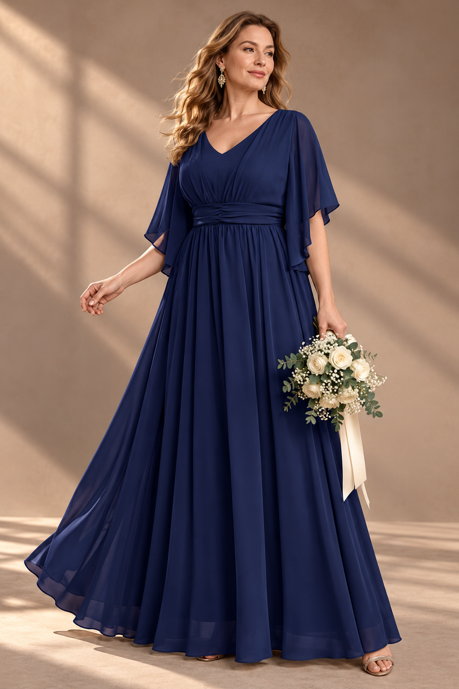 Plus Size Evening Gown — V-Neck & Draped Flutter Sleeves