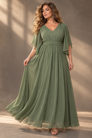 Plus Size Evening Gown — V-Neck & Draped Flutter Sleeves