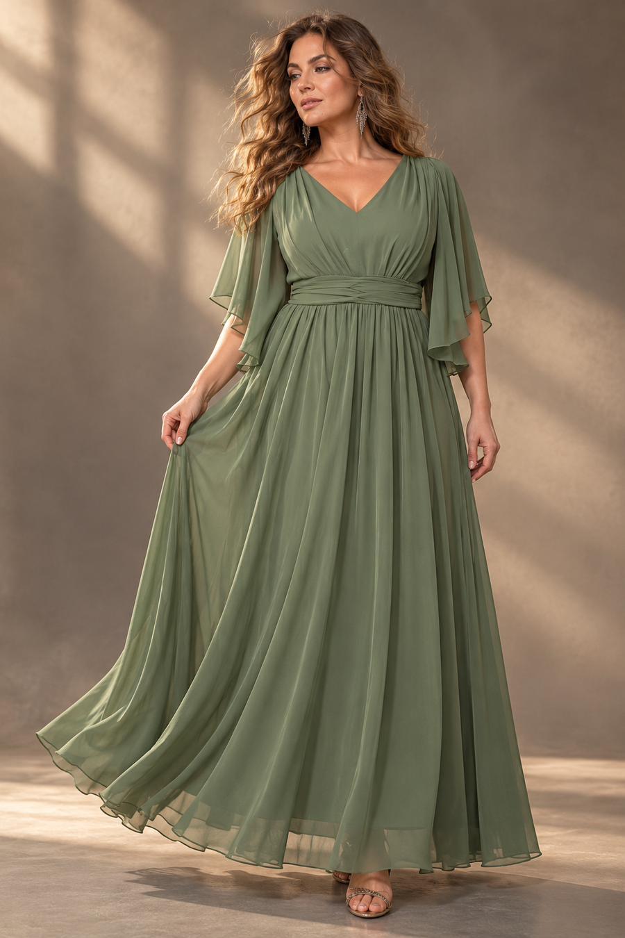 Plus Size Evening Gown — V-Neck & Draped Flutter Sleeves
