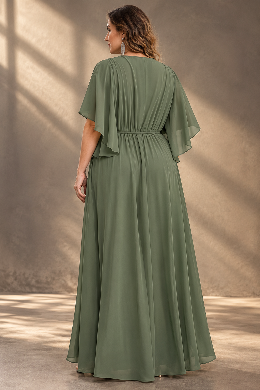 Plus Size Evening Gown — V-Neck & Draped Flutter Sleeves