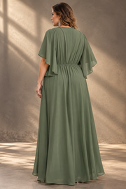 Plus Size Evening Gown — V-Neck & Draped Flutter Sleeves