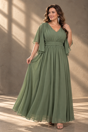Plus Size Evening Gown — V-Neck & Draped Flutter Sleeves