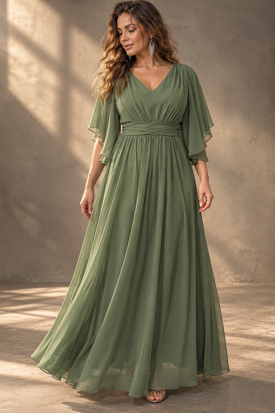 Plus Size Evening Gown — V-Neck & Draped Flutter Sleeves