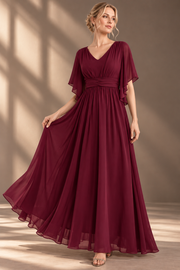 Plus Size Evening Gown — V-Neck & Draped Flutter Sleeves