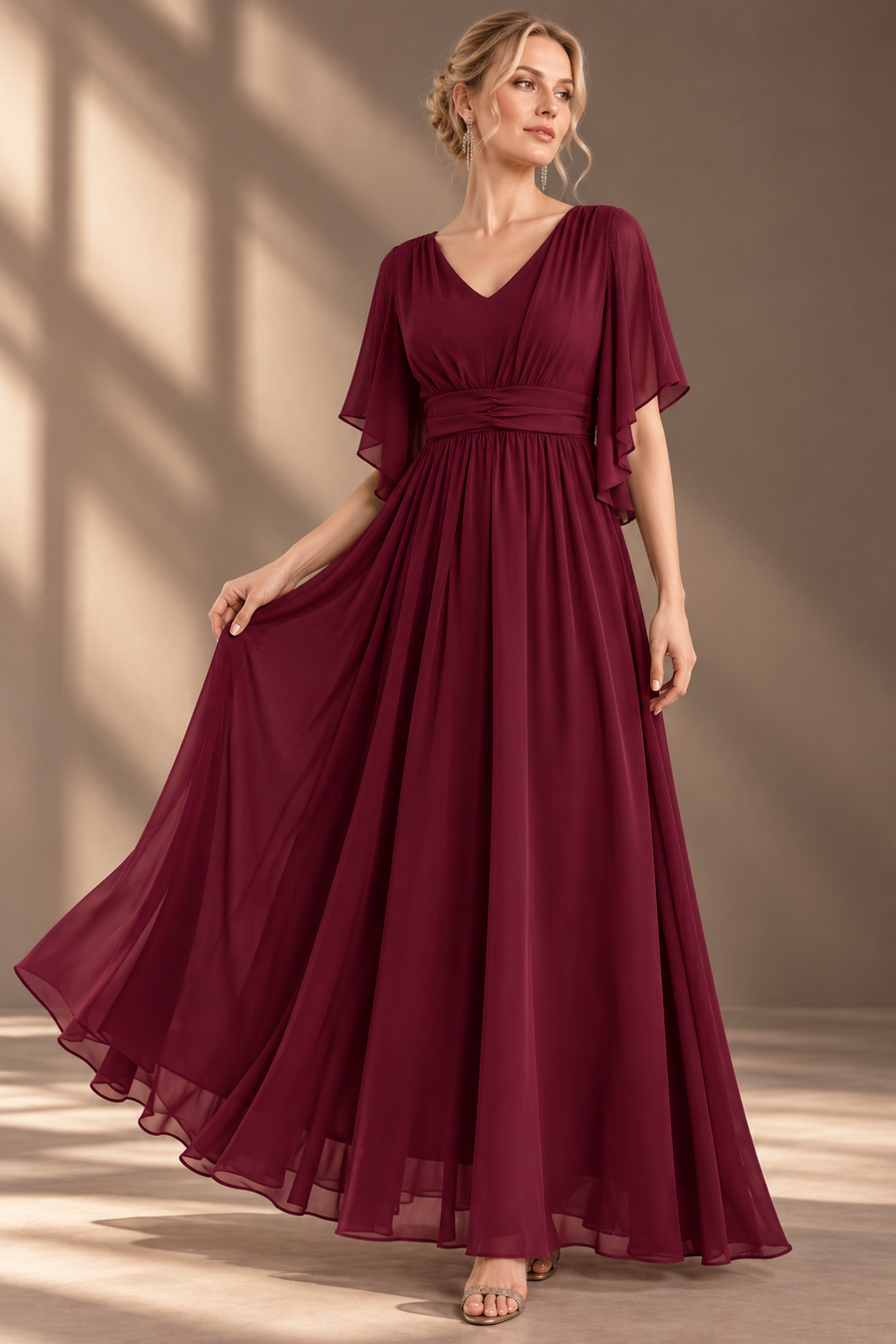 Plus Size Evening Gown — V-Neck & Draped Flutter Sleeves