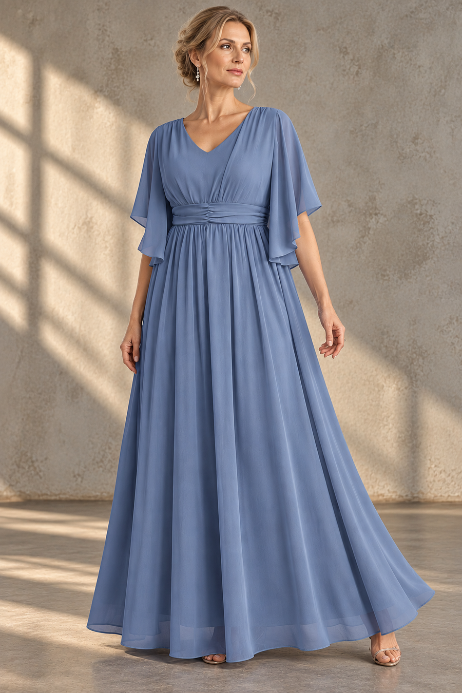 Plus Size Evening Gown — V-Neck & Draped Flutter Sleeves