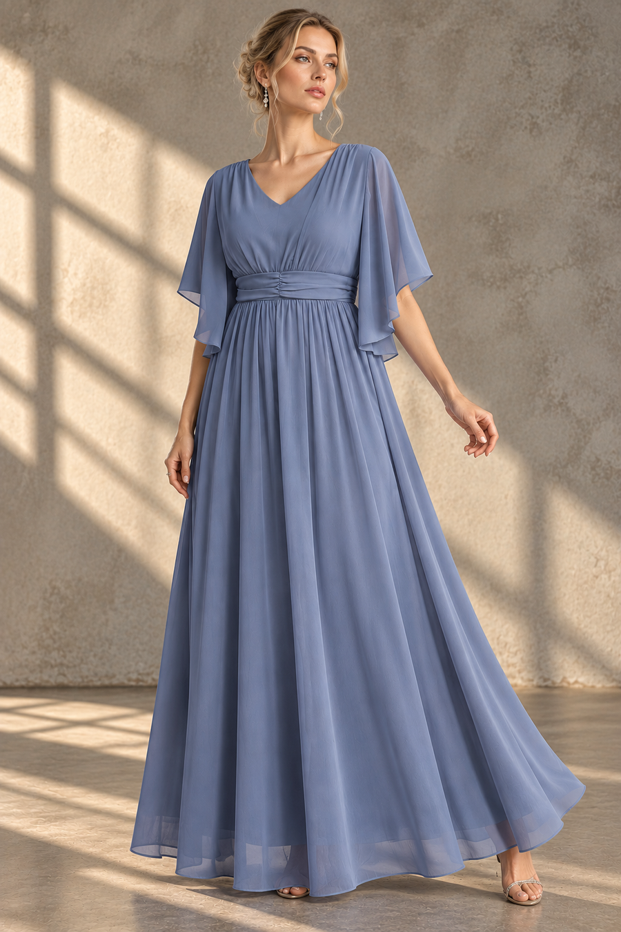 Plus Size Evening Gown — V-Neck & Draped Flutter Sleeves