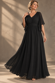 Plus Size Evening Gown — V-Neck & Draped Flutter Sleeves