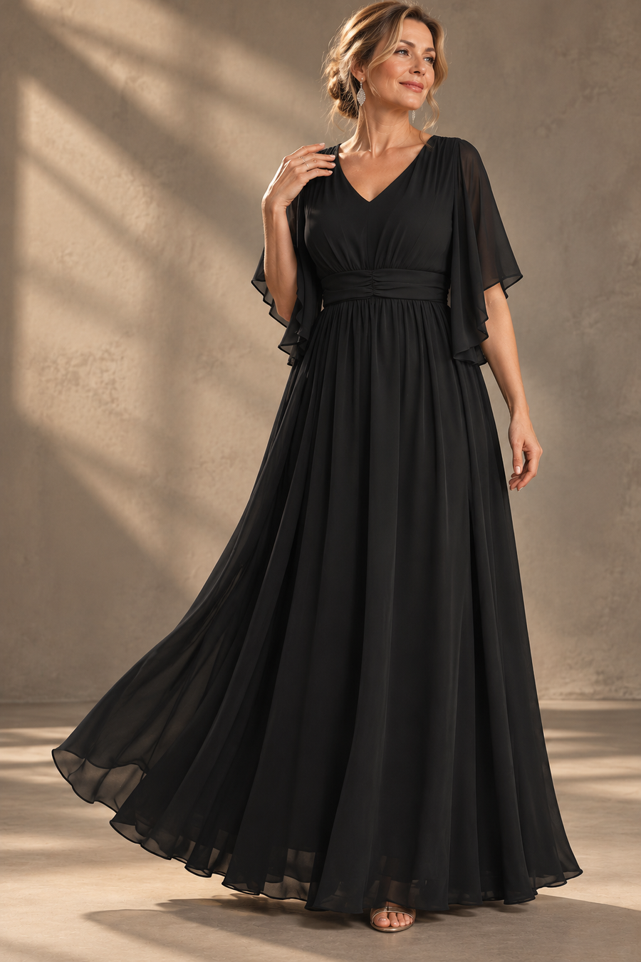 Plus Size Evening Gown — V-Neck & Draped Flutter Sleeves