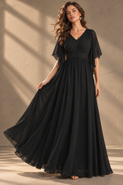 Plus Size Evening Gown — V-Neck & Draped Flutter Sleeves