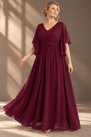 Plus Size Evening Gown — V-Neck & Draped Flutter Sleeves
