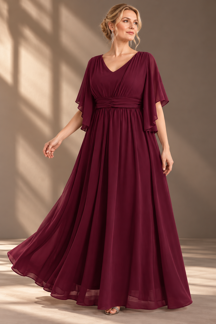 Plus Size Evening Gown — V-Neck & Draped Flutter Sleeves