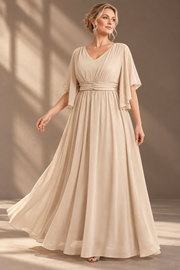 Plus Size Evening Gown — V-Neck & Draped Flutter Sleeves