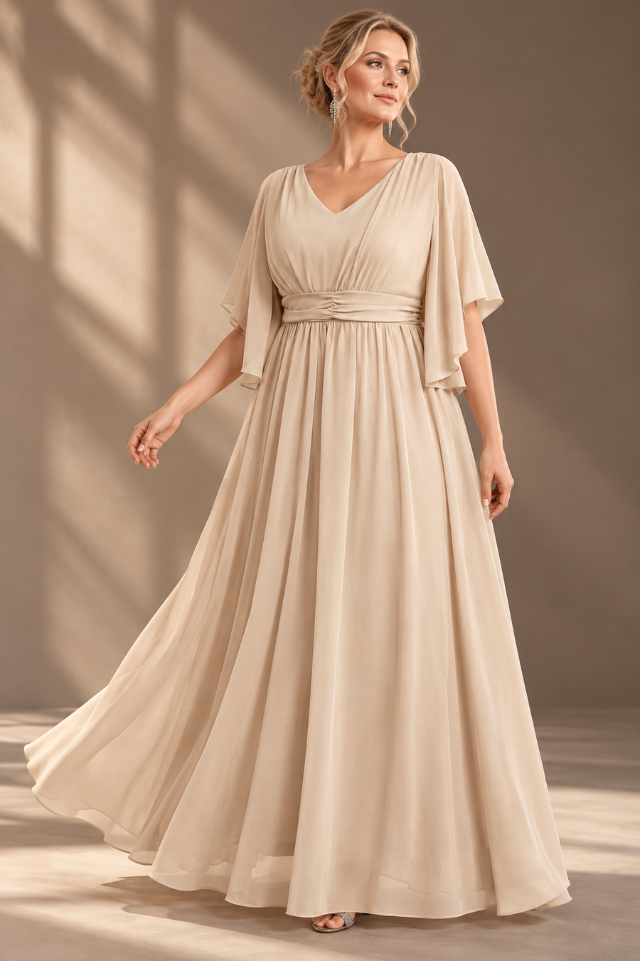 Plus Size Evening Gown — V-Neck & Draped Flutter Sleeves