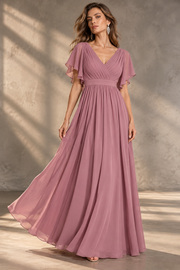 Flutter Sleeve Bridesmaid Dress — V-Neck & Flowing Maxi Skirt