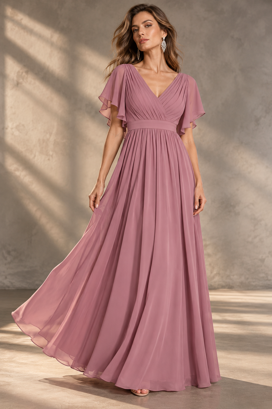 Flutter Sleeve Bridesmaid Dress — V-Neck & Flowing Maxi Skirt