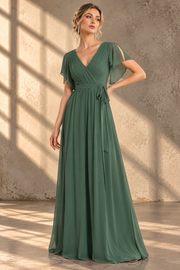 Flutter Sleeve Bridesmaid Dress — V-Neck & Flowing Maxi Skirt