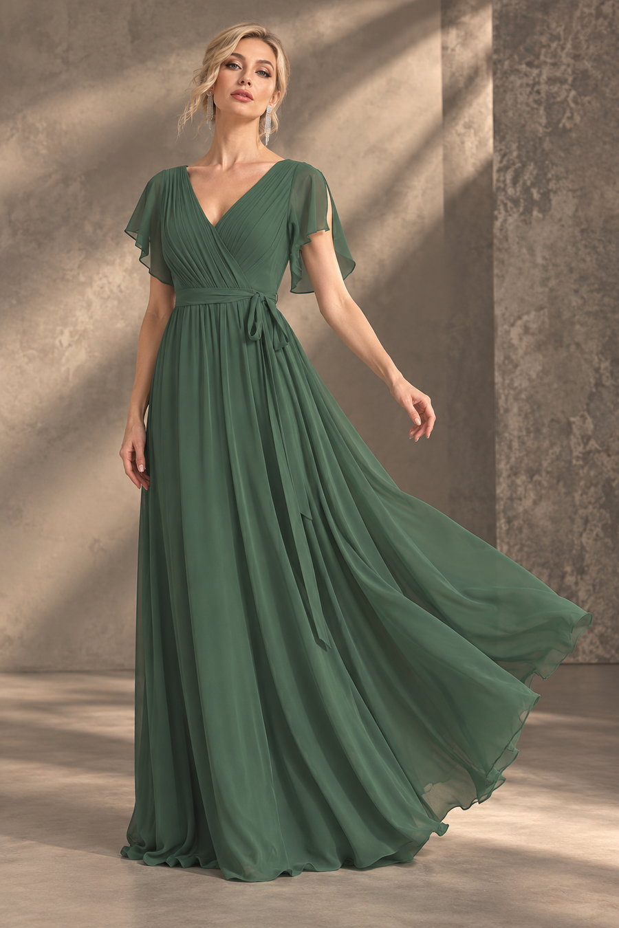 Flutter Sleeve Bridesmaid Dress — V-Neck & Flowing Maxi Skirt