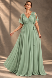Flutter Sleeve Bridesmaid Dress — V-Neck & Flowing Maxi Skirt