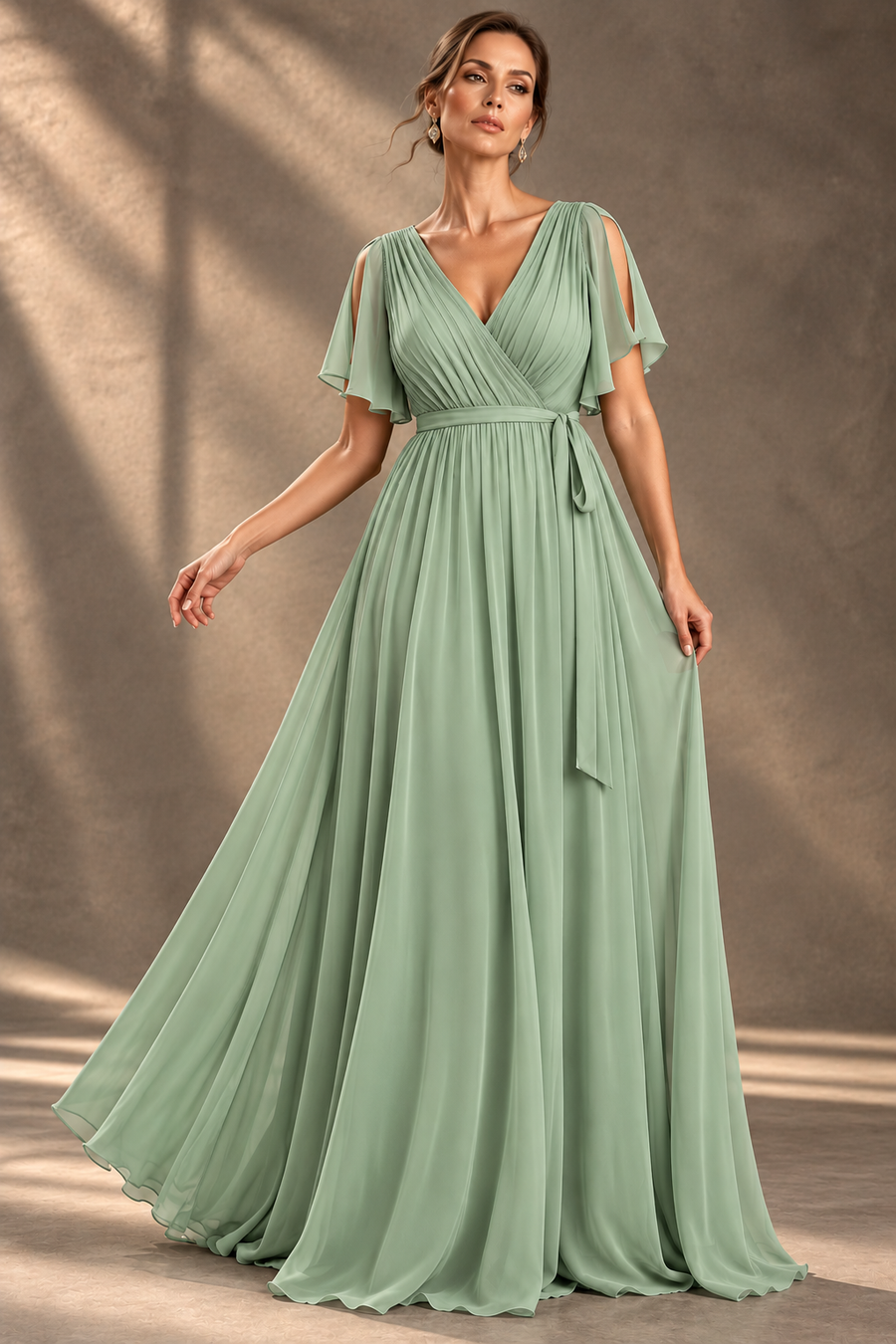 Flutter Sleeve Bridesmaid Dress — V-Neck & Flowing Maxi Skirt