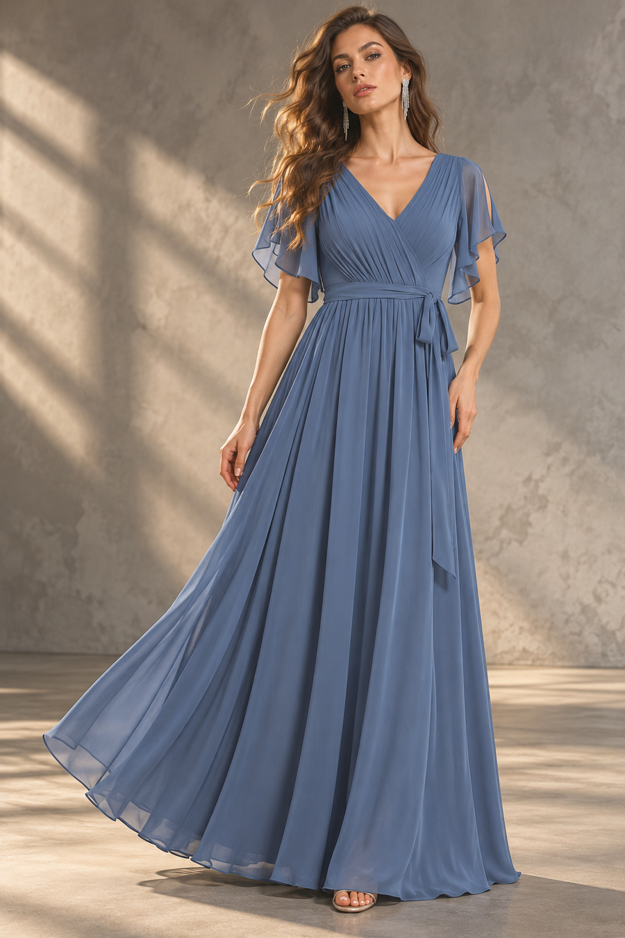 Flutter Sleeve Bridesmaid Dress — V-Neck & Flowing Maxi Skirt