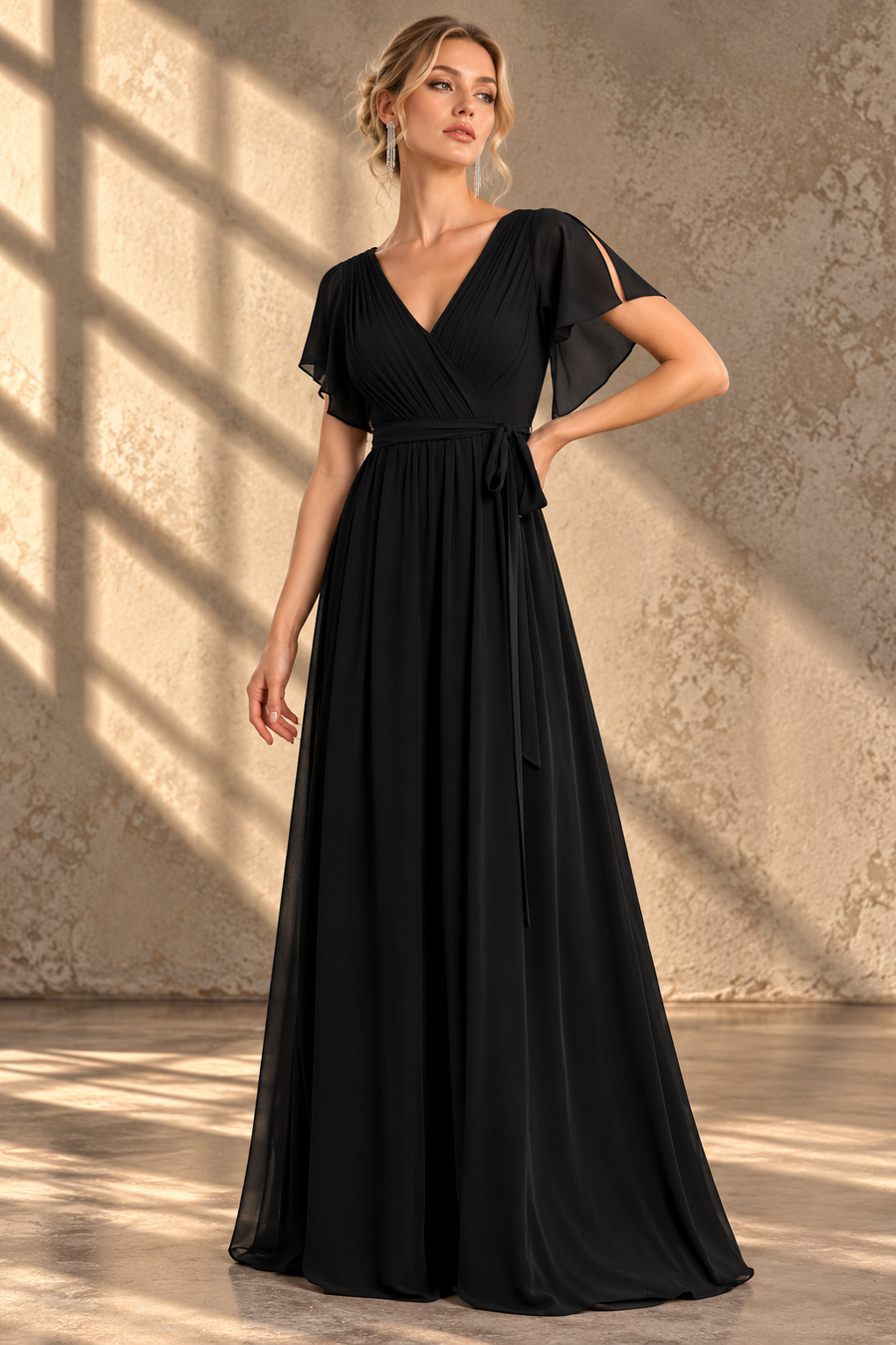 Flutter Sleeve Bridesmaid Dress — V-Neck & Flowing Maxi Skirt