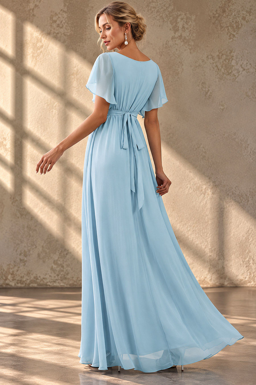 Flutter Sleeve Bridesmaid Dress — V-Neck & Flowing Maxi Skirt