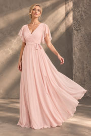Flutter Sleeve Bridesmaid Dress — V-Neck & Flowing Maxi Skirt