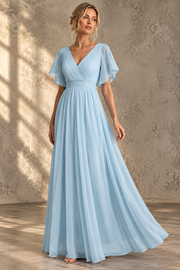 Flutter Sleeve Bridesmaid Dress — V-Neck & Flowing Maxi Skirt