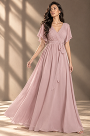 Flutter Sleeve Bridesmaid Dress — V-Neck & Flowing Maxi Skirt