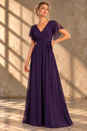 Flutter Sleeve Bridesmaid Dress — V-Neck & Flowing Maxi Skirt