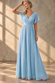 Flutter Sleeve Bridesmaid Dress — V-Neck & Flowing Maxi Skirt