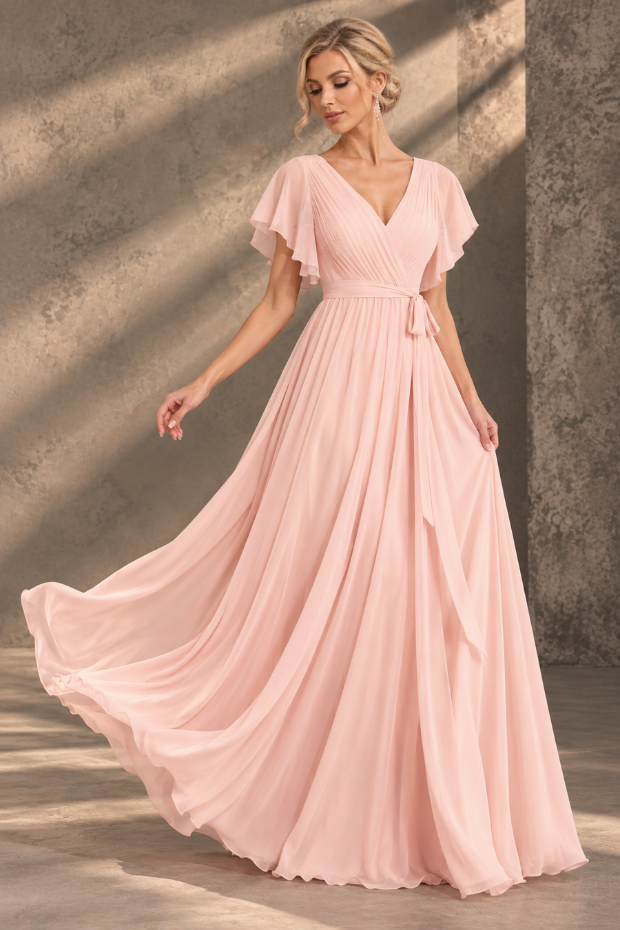 Flutter Sleeve Bridesmaid Dress — V-Neck & Flowing Maxi Skirt