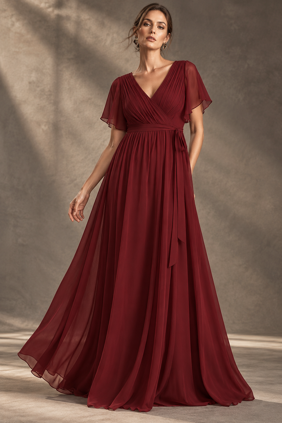 Flutter Sleeve Bridesmaid Dress — V-Neck & Flowing Maxi Skirt