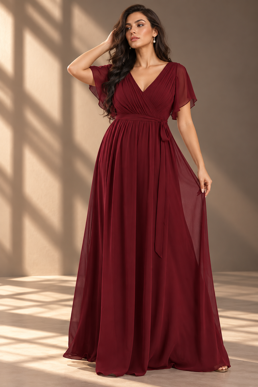 Flutter Sleeve Bridesmaid Dress — V-Neck & Flowing Maxi Skirt