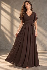 Flutter Sleeve Bridesmaid Dress — V-Neck & Flowing Maxi Skirt
