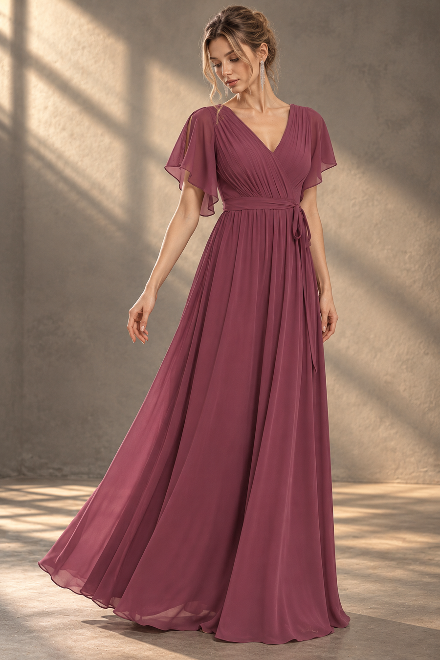 Flutter Sleeve Bridesmaid Dress — V-Neck & Flowing Maxi Skirt